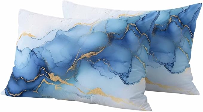 Abstract Marble Texture Outdoor Waterproof Throw Pillow Covers Set of 2, 20"x12", Gold Blue Gradient Modern Art Decoration Decorative Pillow Covers Outside Cushion Case for Patio Porch Garden