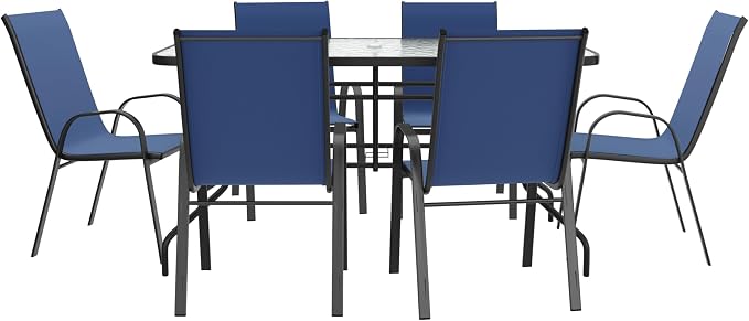 EMMA + OLIVER Seven Piece Indoor/Outdoor Dining Set - Metal Table with Tempered Glass Top - Six Navy Flex Comfort Chairs- Umbrella Hole - All Weather