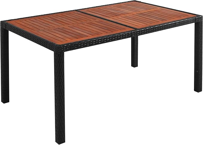 roomfitters 7-Piece Outdoor Patio Dining Set, Garden PE Rattan Wicker Dining Table and Chairs Set, Acacia Wood Tabletop, Stackable Armrest Chairs with Cushions, Reddish-Brown