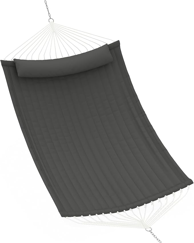 12 FT Double Quilted Fabric Hammock with Spreader Bar & Detachable Pillow, 450 LBS Capacity 2 Person Hammock, Indoor Outdoor for Patio Backyard Poolside Garden