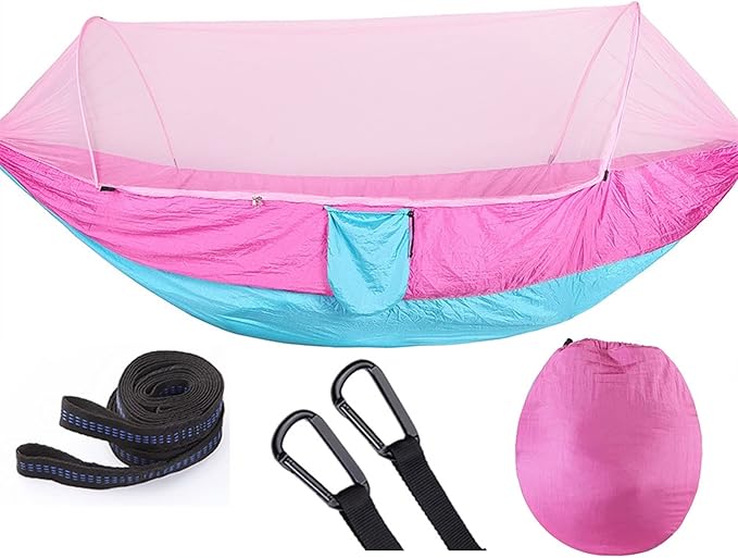 Outdoor Automatic Hammock with Mosquito Net Nylon Portable Lightweight Single Hammock for Camping with 2m Tree Straps Blue Pink 5.2'x3.9'