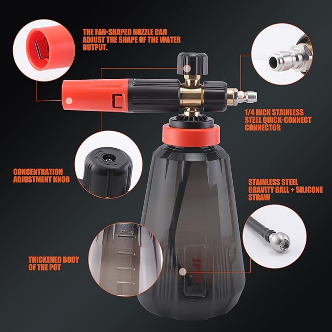 SPTA Foam Cannon (Thicker Snow Foam Technology) with 1/4 Inch Quick Connector for Pressure Washer (Wide Mouth), 34 Oz Bottle (1/4" Quick Connector) with Adjustable Thick Foam+16Oz Car Wash Soap
