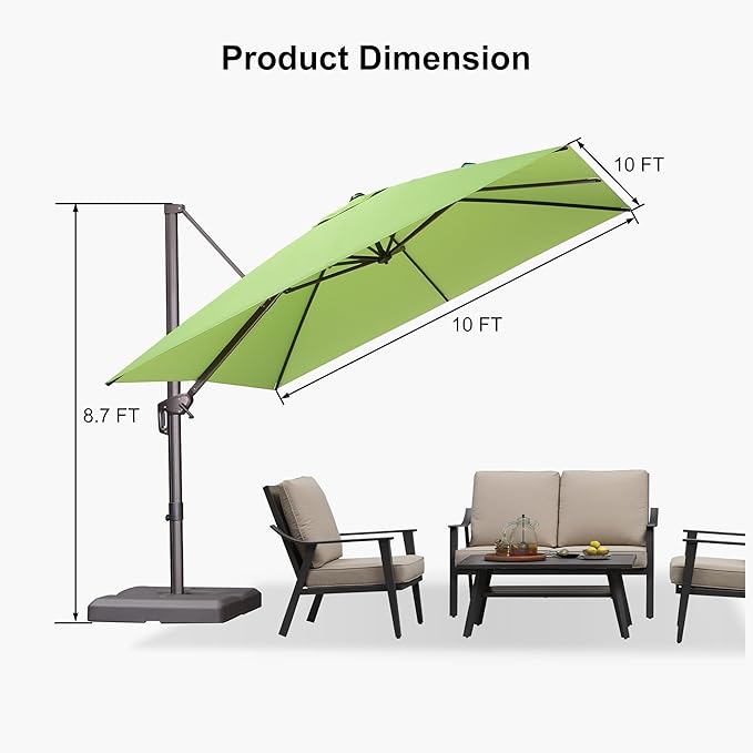 PURPLE LEAF 10' X 10' Patio Cantilever Umbrella Antique Bronze Square Outdoor Umbrella with 360° Rotation and Aluminum Offset Hanging for Garden Backyard Pool, Green