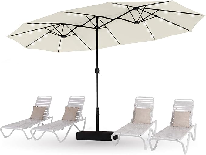 HERA'S PALACE 15ft Patio Umbrella with Base Included Double Sided Outdoor Umbrella for Patio Table Umbrella Outdoor 36 LED Solar Lights for Garden