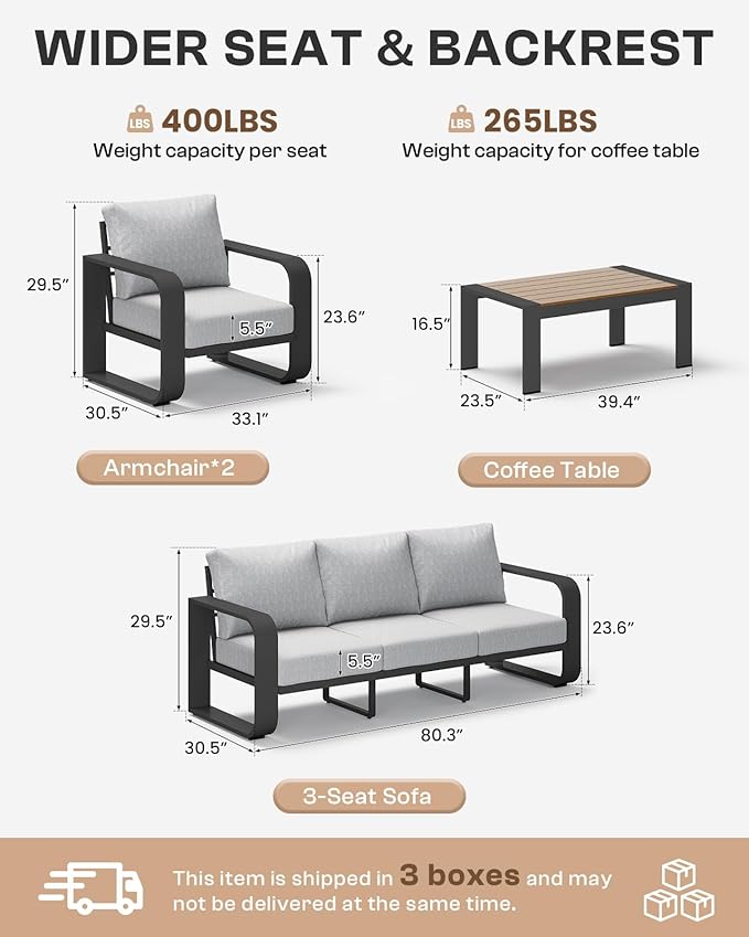 Aluminum Outdoor Patio Furniture Set, 4 Piece Oversized Patio Conversation Sets Widened Armrest & Ultra-Thick Cushions, Heavy Duty Modern Sectional Furniture for Backyard, Porch, Gray