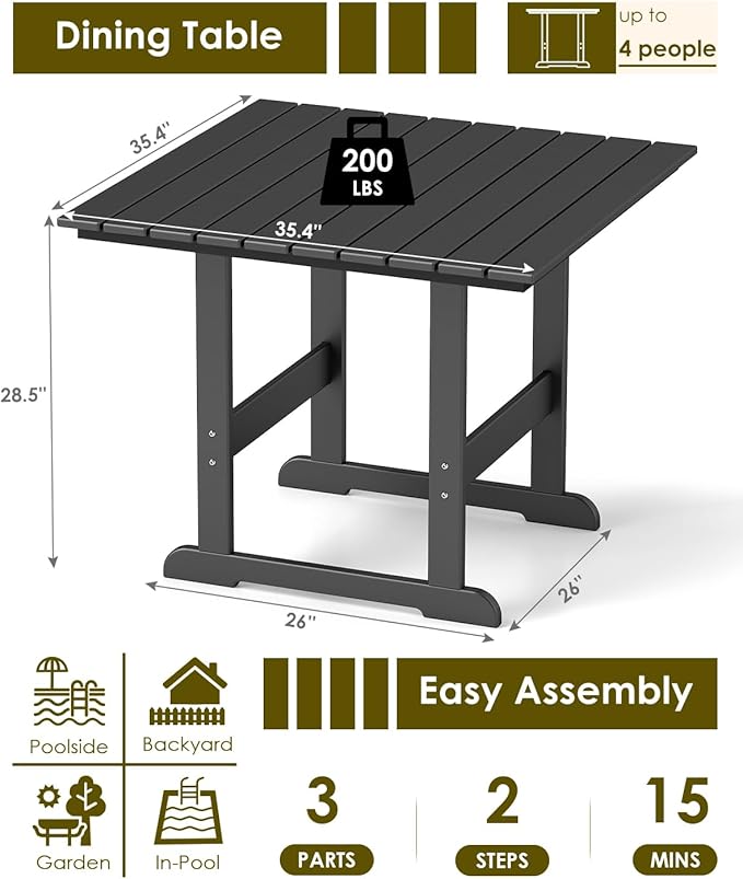 GREENVINES Outdoor-Dining-Table | 35” | HDPE | Patio Furniture | Connectable Square Tables for 4 | Slatted | All-Weather | for Poolside Backyard Garden | Black