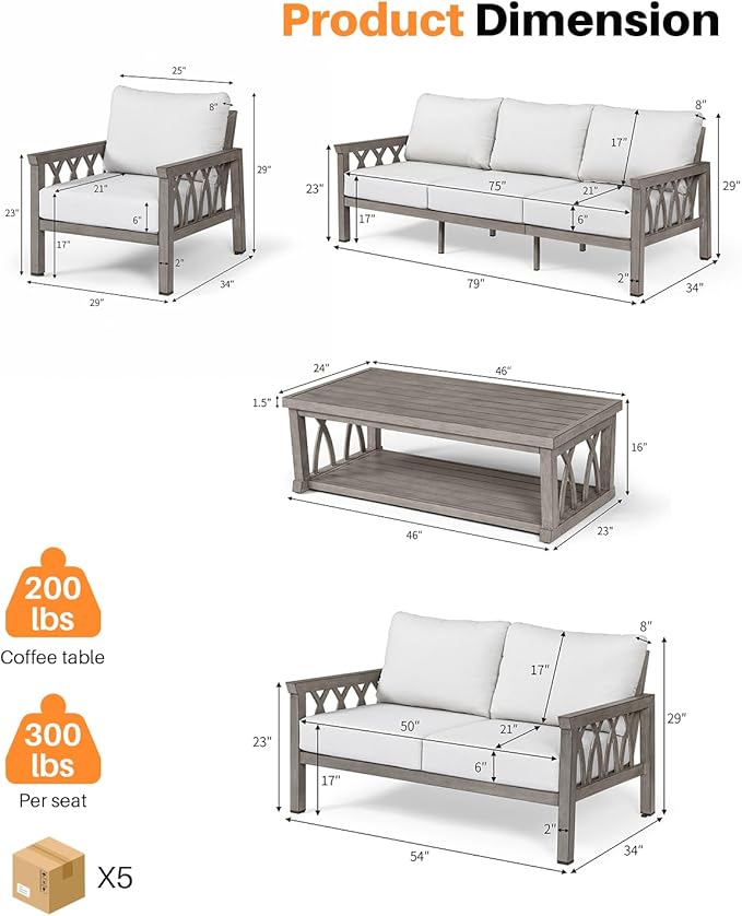 5-Piece Aluminum Outdoor Patio Conversation Set, Outdoor Furniture Sofa Couch Set with Washable Cushions, Rustproof Outdoor Sofa Set Patio Furniture Set for Deck, Poolside, Limed Oak