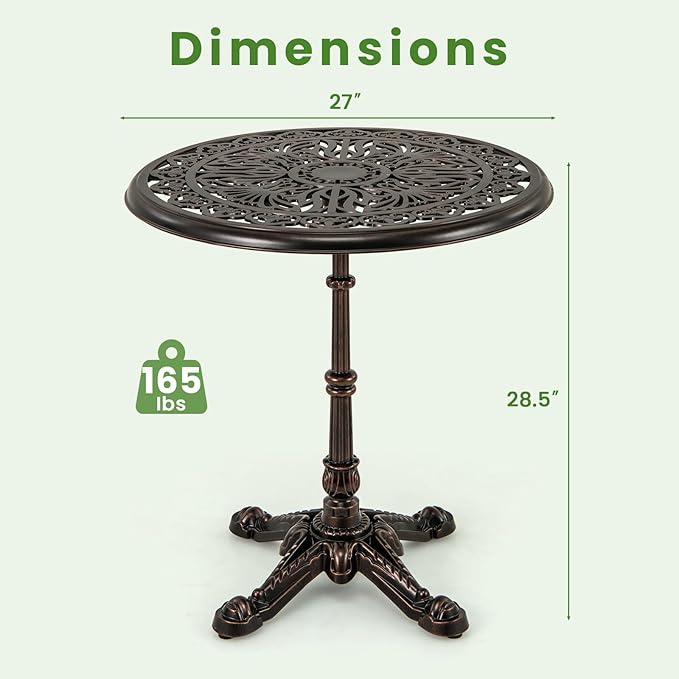 HAPPYGRILL Outdoor Dining Table 27", Cast Aluminum Patio Table with Hollowed-Out Tabletop, Carved Cross Base, Round Outdoor Side Table for Yard, Balcony, Garden, Poolside