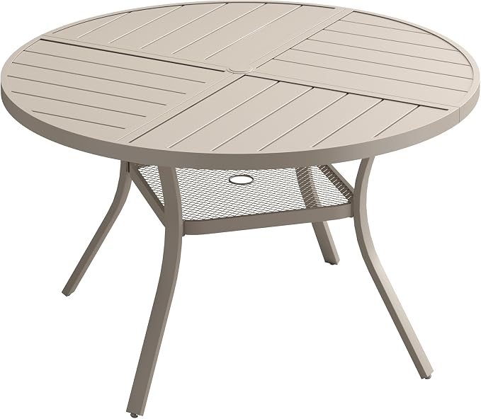 40.6" Outdoor Dining Table with Adjustable Umbrella Hole, Metal Slatted Round Patio Dining Table for Backyard Garden Deck, Sandshell