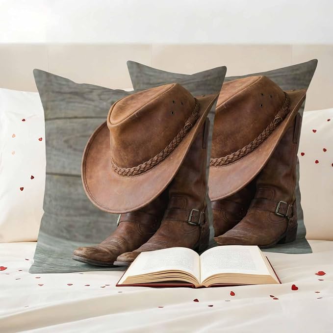 Outdoor Throw Pillow Covers,Western Cowboy Boots Hat Waterproof Decorative Pillowcases Cushion Cover Farm Wooden Plank Pillow Cases for Patio Couch Sofa Bed,16x16in Set of 2