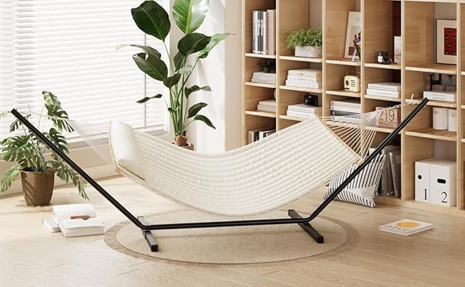 Double Hammock with Stand for Outdoor, Heavy Duty Portable Hammock with Adjustable Steel Stand for Patio, Garden, Beach, Backyard, Off White