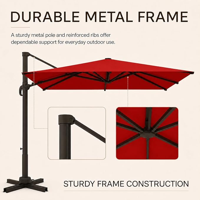Kingdura 10x10 FT Cantilever Patio Umbrella with Base Included, Large Square Aluminum Offset Outdoor Pool Umbrella, 360° Rotation & 4-Position Tilt, UV Protection for Deck Backyard (Red)
