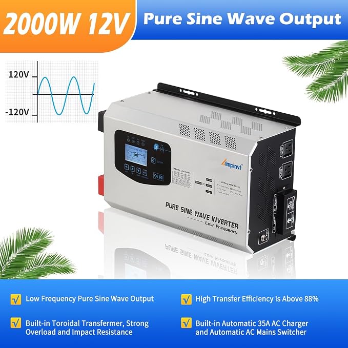 2000W Peak 6000W Pure Sine Wave Inverter, 12v DC to 120V AC Output with Battery AC Charger, Low Frequency Off Grid Solar RV Boat Home System Support Sealed Gel AGM Flooded Lithium Battery