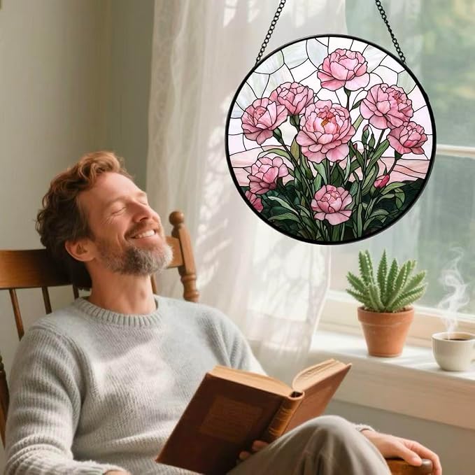 Stained Glass Window Hanging - Blooming Pink Peonies 7.8 Inches Suncatcher for Garden Home Decor for Women Mon Grandma Friends