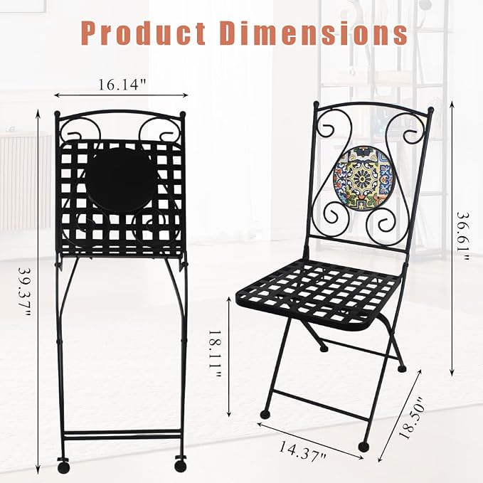3 Piece Bistro Sets Mosaic Tile Round Table Folding Chairs Garden | Set of 3 Patio Furniture 23.6" Table and 2 Chairs Outdoor Bistro Chairs Artistic Table for Balcony Porch Apartment Backyard