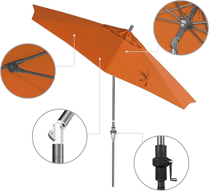 California Umbrella 9' Rd. Crank Lift, Collar Tilt, Aluminum Pole, Fiberglass Rib Patio Umbrella, Hammertone Grey Finish, Sunbrella Tangerine