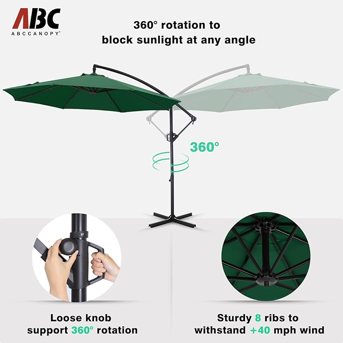 ABCCANOPY 10FT Cantilever Patio Umbrella with base included, 360° Rotation Outdoor Offset Umbrella for Backyard, Deck, Poolside (Green)