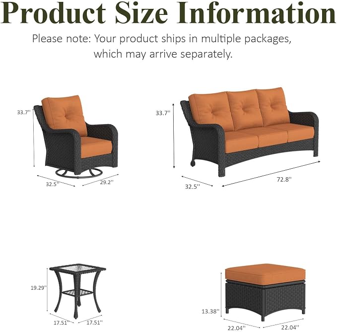 LayinSun 6 Piece Wicker Outdoor Furniture Set with 6-inch Comfy Cushions, High Back Patio Furniture Set with Swivel Rocking Chairs and Side Table