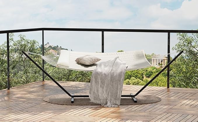 Double Hammock with Stand for Outdoor, Heavy Duty Portable Hammock with Adjustable Steel Stand for Patio, Garden, Beach, Backyard, Off White