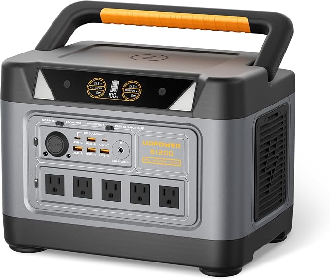 UDPOWER S1200 Portable Power Station 1200W (Surge 1800W), Max 400W Solar Input, UPS, UL2743, for Home RV Emergency, Pure Sine Wave