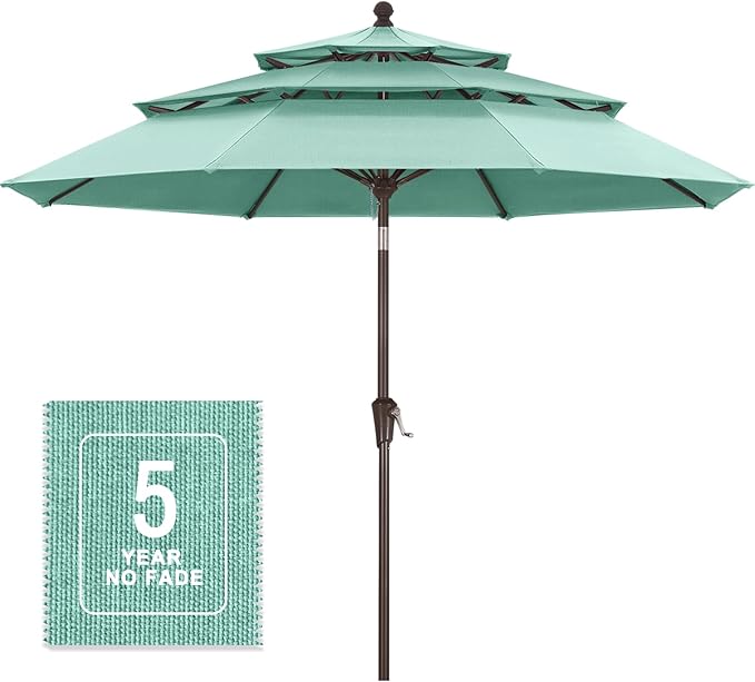 MASTERCANOPY 9ft 3-Tier Olefin Patio Umbrella with Tilt Crank, 5-Year-Non-Fading Canopy & 8 Fiberglass Ribs for Deck, Patio, and Garden, Light Blue