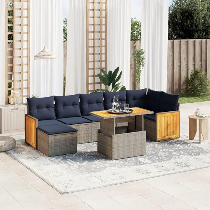 vidaXL Patio Sofa Set with Cushions 8 Piece, Outdoor Conversation Set, Sectional Sofa for Balcony Garden, Modern Style, Gray Poly Rattan