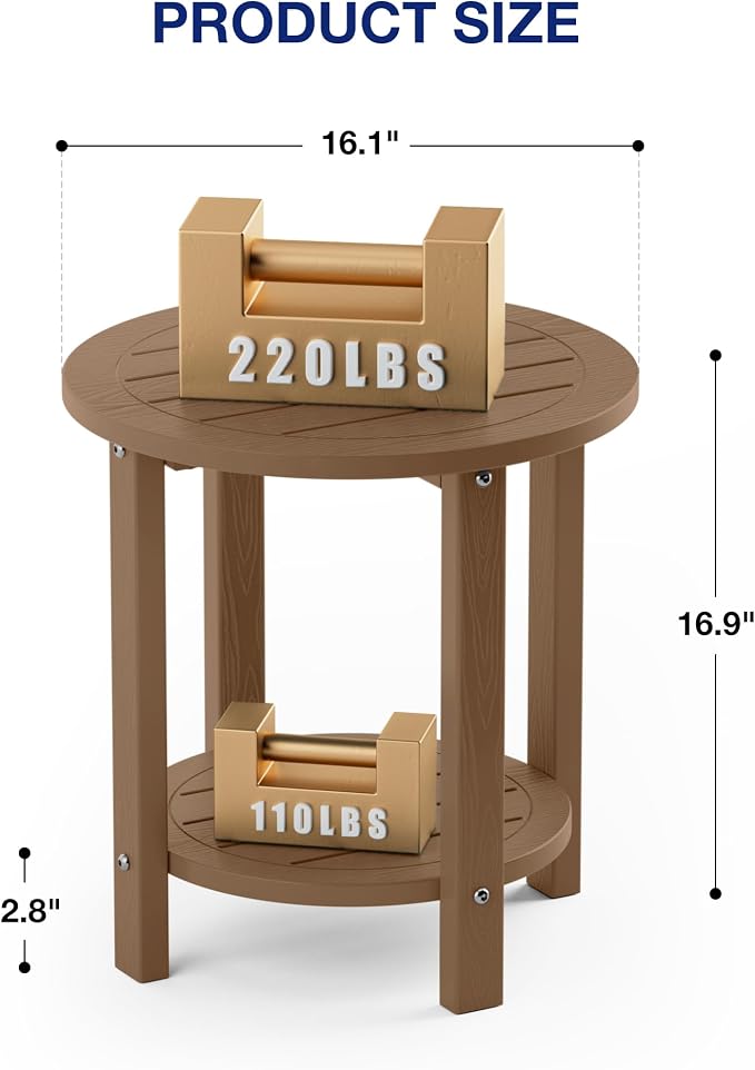 YEFU Outdoor Side Table for Patio: 16in HIPS Small Round Outdoor End Table - 2-Tier Adirondack Tables for Patio Porch Yard Poolside Living Room Beach Bedroom (Teak, 1 Pack)