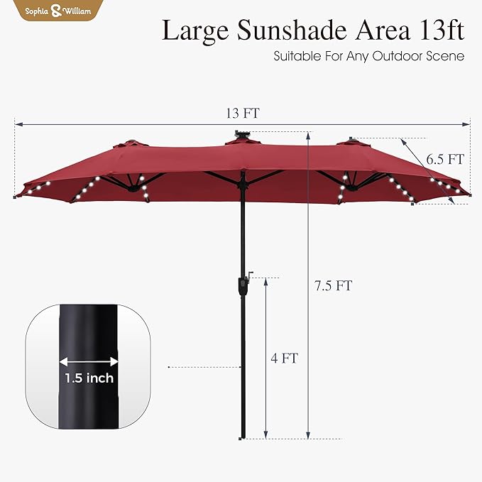 Sophia & William 13ft Outdoor Patio Umbrella with Solar Lights, Large Double-sided Umbrella with LED Lights, Perfect for Garden, Deck, Pool, Burgundy