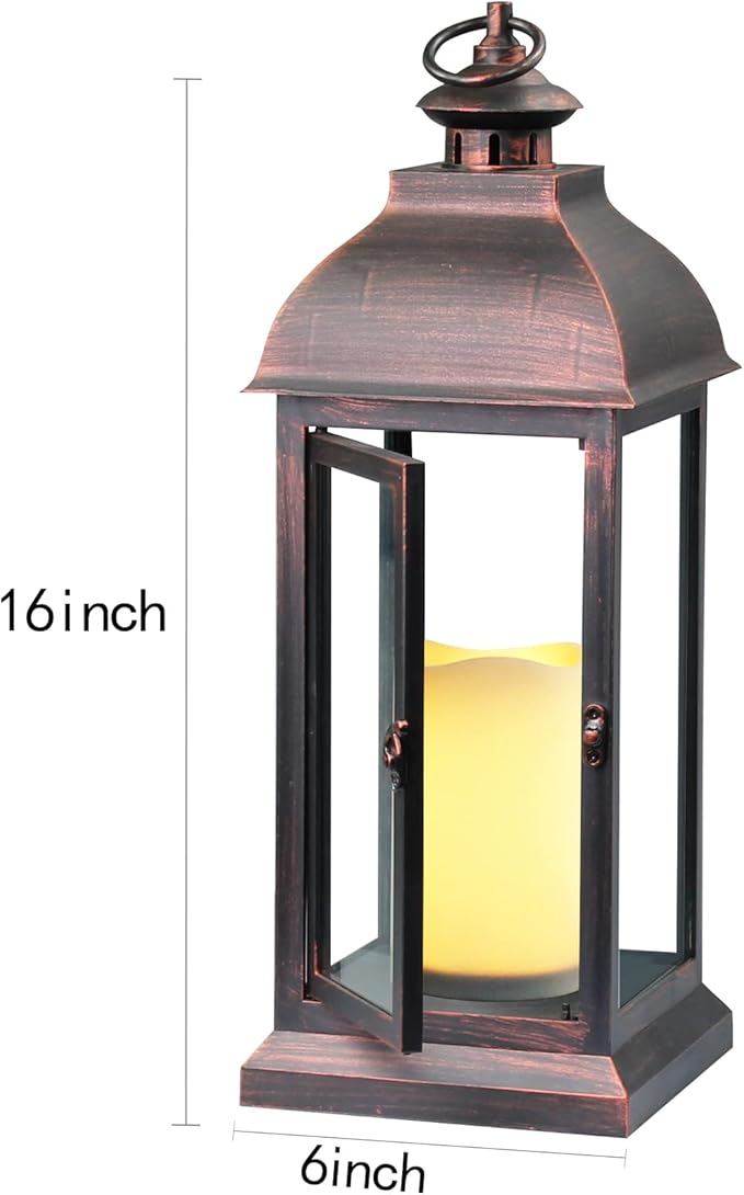 Decorative Lantern with flameless LED Candle Light, Outdoor/Indoor LED Lantern, The Door-Open H16 Decorative Lantern,Timer Candle，Plastic with Bronze Undertones.USE 2C Battery(not Include)