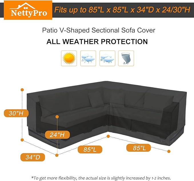 NettyPro Outdoor Sectional Sofa Cover 85 Inch, 600D Heavy Duty Waterproof Patio Lawn Furniture V-Shaped Lounge Set Couch Cover, Black