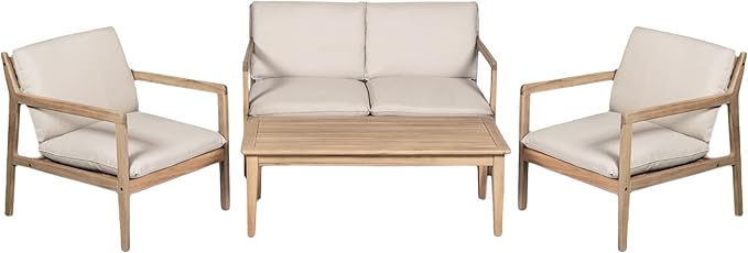 Christopher Knight Home Hearth Patio 4 Pieces Conversation Set, Acacia Wood Loveseat and Accent Armchairs, Slat Panel Coffee Table, Side Table with Sofa Chairs Chat Set for Garden Yard, Light Teak