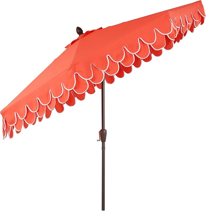JONATHAN Y Tracy 9 ft. Outdoor Patio Umbrella with Scalloped Edge, Coastal Market Table Umbrella with Crank Lift and Tilt, 8 Sturdy Ribs UV Resistant for Pool, Coral Red, Dark Brown Pole UMB1002A