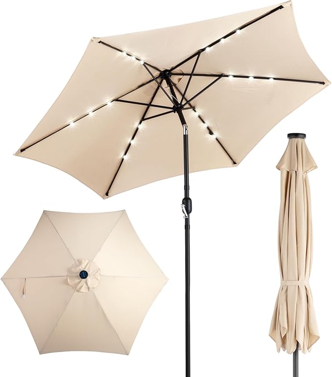 VINGLI 9FT Patio Umbrella with Solar Lights, Outdoor Umbrella with Push Button Tilt and Crank, Umbrella Outdoor Patio for Patio, Deck, Backyard, Pool