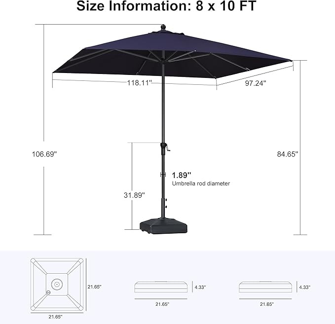 PURPLE LEAF 10' x 8' Rectangle Patio Market Umbrella with Base Outdoor Table Umbrellas Aluminum Frame Sun Shade with 8 Sturdy Ribs for Garden Deck Lawn Pool Navy Blue