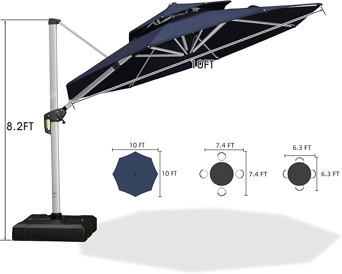 PURPLE LEAF 10 FT Cantilever Patio Umbrellas with Base Included, Large Round Offset Umbrella with 360° Rotation, Outdoor Aluminum Pool Umbrella for Pool Lawn Garden, Navy Blue