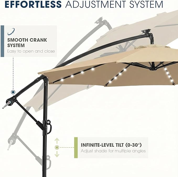 wikiwiki 10ft Solar LED Offset Patio Umbrella, Outdoor Cantilever Patio Umbrellas with Solor Lights for Backyard, Poolside and Garden, Easy Tilt Adjustment, 32 LED Lights & Polyester Shade, Tan