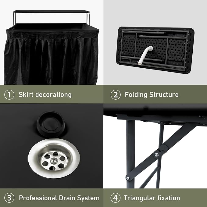 2 Tiers Portable Folding ice Cooler Table with Storage Rack & Drain Hose, Perfect Picnic Table for Camping, Beach, Backyard Parties, Weddings, Events, Black