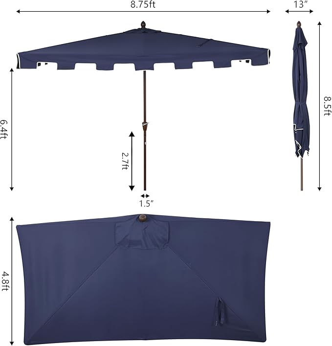 JONATHAN Y Sidney Coastal 9 ft. Navy Half Umbrella for Outdoor Patio, Space-Saving Rectangular Wall Sun Shade with Crank Lift, UV Protection for Balcony, Deck, Dark Brown Pole UMB1200C