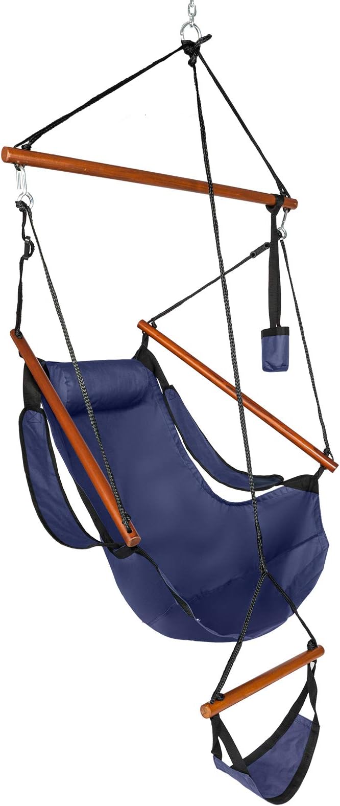 Hammock Hanging Sky Chair with Footrest, Folding Camping Air Deluxe Swing Seat with Rope, Heavy Duty Foldable Rocker with Cup Holder for Outdoor Beach Patio Sport Lawn (Blue)