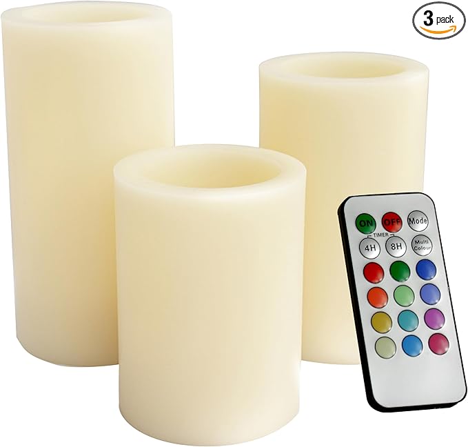 CANDLE CHOICE Battery Operated Color Changing Flameless Candles with Remote Timer Real Wax Realistic Flickering Electric Multicolor LED Pillars Lights for Home Wedding Christmas Decorations 3 Pack
