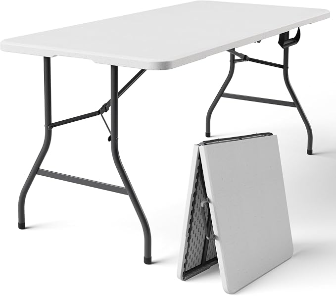 Folding Table, 5FT Foldable Picnic Table with Carrying Handle, Heavy Duty Fold-in-Half Portable Table for Weddings, Camping, RV Travel, Parties, BBQs, and Indoor Use, Easy to Fold and Store, White