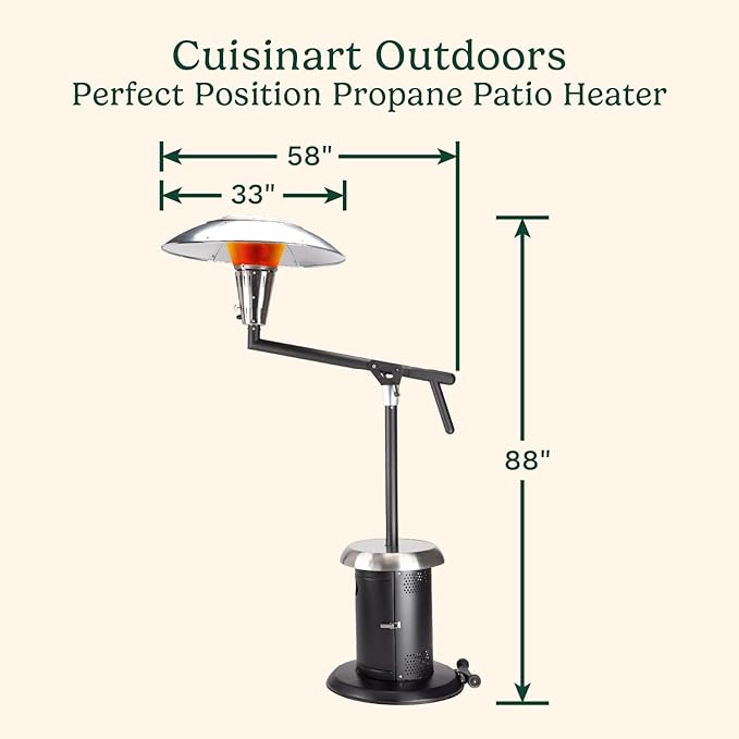 Cuisinart Perfect Position Propane Patio Heater, 38,200 BTU Powerful Directional Stainless Steel Outdoor Heater with Hidden Tank and Drink Table, Swivel Arm and Reflective Heat Shield
