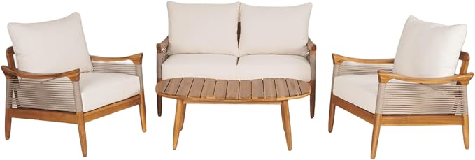 Christopher Knight Home Havets 4 Piece Patio Conversation Sets, Outdoor Acacia Wood Patio Seating Group,Woven Rope Loveseat Chairs with Cushions and Coffee Table for Porch Backyard Balcony, Teak+Beige