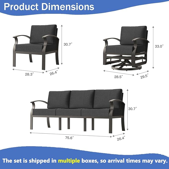 Aluminum Outdoor Patio Furniture Set,5 Pieces 7 Seats Patio Conversation Sets with 2 Swivel Rocking Chairs,Metal Patio Sectional Furniture Set with 5.1" Thickened Cushions,Black