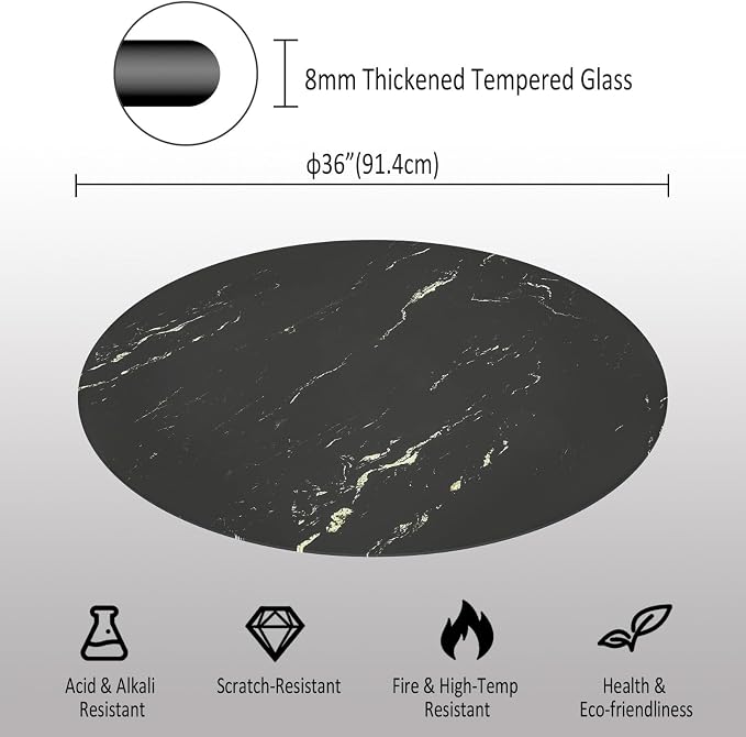 36 Inch Round Black Marble Glass Table Top, 8mm Thick Tempered Glass Tabletop for Dining Tables, Coffee Tables, Patio Tables