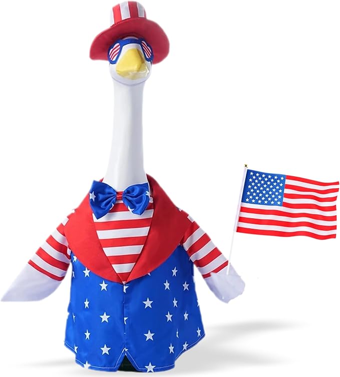 Uncle Sam Porch Goose Outfit for 23" Cement Goose, 4 Pcs 4th of July Patriotic Goose Clothes with Tall Hat, Eye mask,Flag, Patriotic Lawn Yard Decor for Independence Day