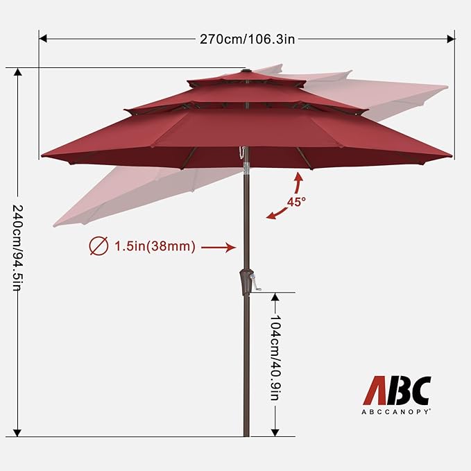 ABCCANOPY 9Ft 3 Tiers Market Umbrella, Outdoor Table Umbrella for Patio, Deck, Backyard (Burgundy)
