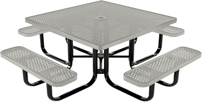 COATEDOUTDOORFURNITURE Heavy-Duty Portable Outdoor Kids Table with Umbrella Hole, Punched Steel Kids Picnic Table, Commercial-Grade, Made in America (46 in, Square, Childrens, Gray)