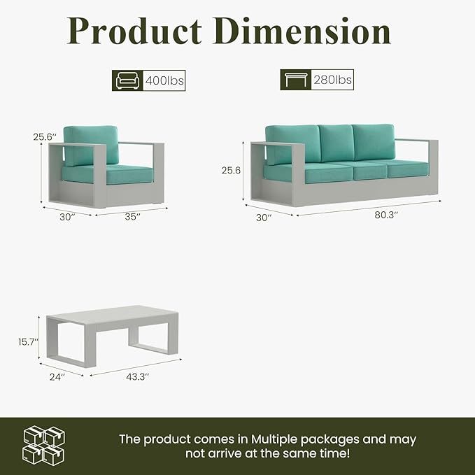 LayinSun Oversized Aluminum Outdoor Furniture Set, 4 Piece Patio Sofa Sets with Coffee Table, Deep Seating and Upgraded 6-inch Cushions for Porch, Balcony, Deck