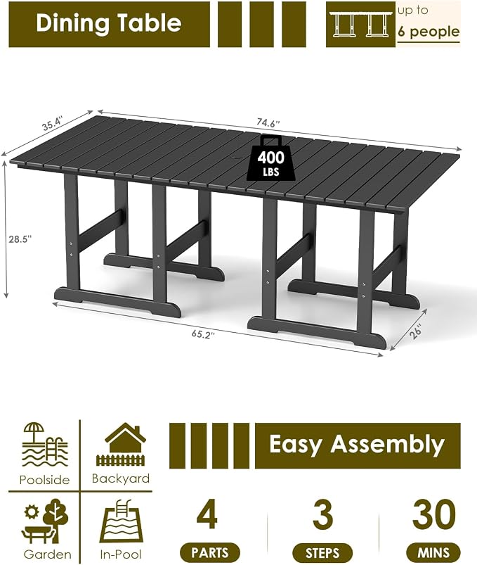 GREENVINES Outdoor-Dining-Table | 75” | HDPE | 2 Connectable Square Tables for 6 | Slatted | All-Weather | Patio Furniture | for Poolside Backyard Garden | Black